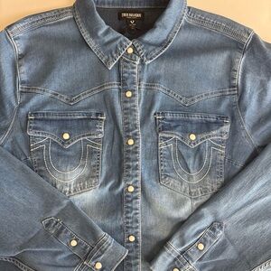 True Religion Women's 3x‎ Denim Western Shirt Long Sleeve Button Up Pearl Snap